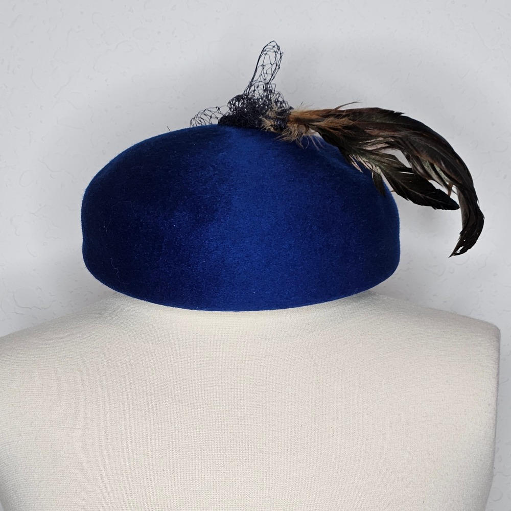 Mr. Monroe Royal Blue Wool Felt Feather Pillbox Hat Veil Henry Pollak Vintage